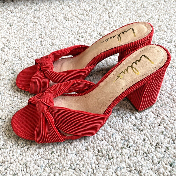 Lulus Red Pleated Satin High Heel Slides Dressy Slip On Sandals 8M Elegant Sexy - Picture 5 of 11